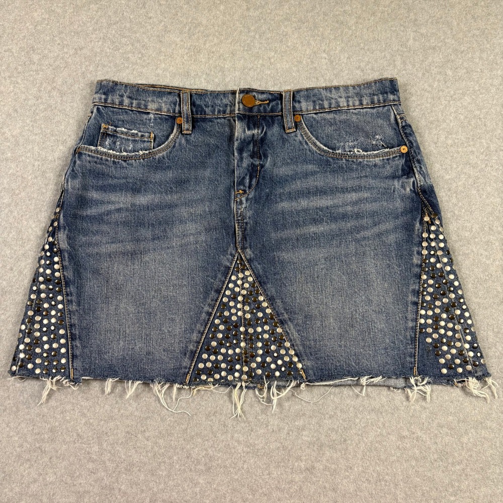 Blank NYC Studded Denim Mini Skirt Distressed Raw Hem Blue 05A-0166 Size 29 32w